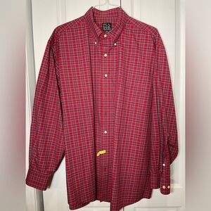 Banana Republic Men's Red and Green Plaid Shirt